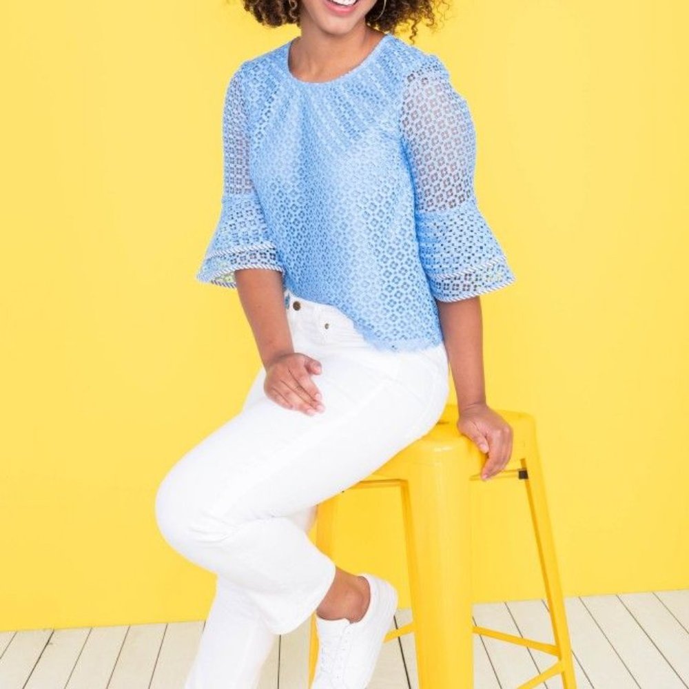 DRAPER JAMES Gingham Eyelet Lattice Blouse Top